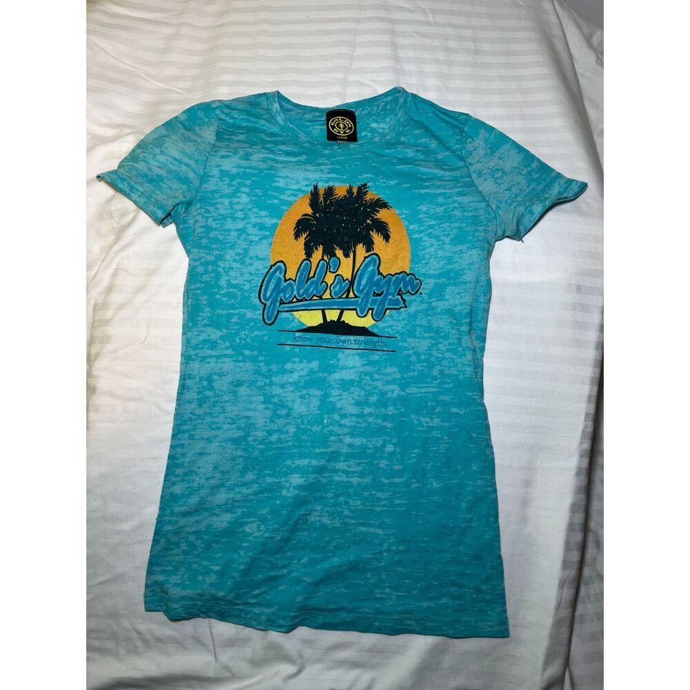 Golds Gym Graphic T Shirt Womens Large Blue Burnout Palm Tree Logo Casual Tee